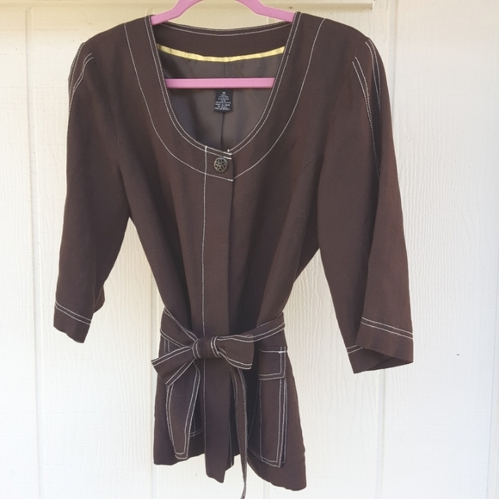 10 SCOTT TAYLOR LINED DARK BROWN BOLD WHITE STITCH BELTED UTILITY JACKET